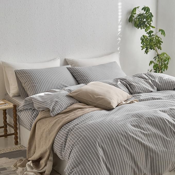 MooMee Striped Duvet Cover Set 100% Washed Cotton Linen Like Textured - Image 4