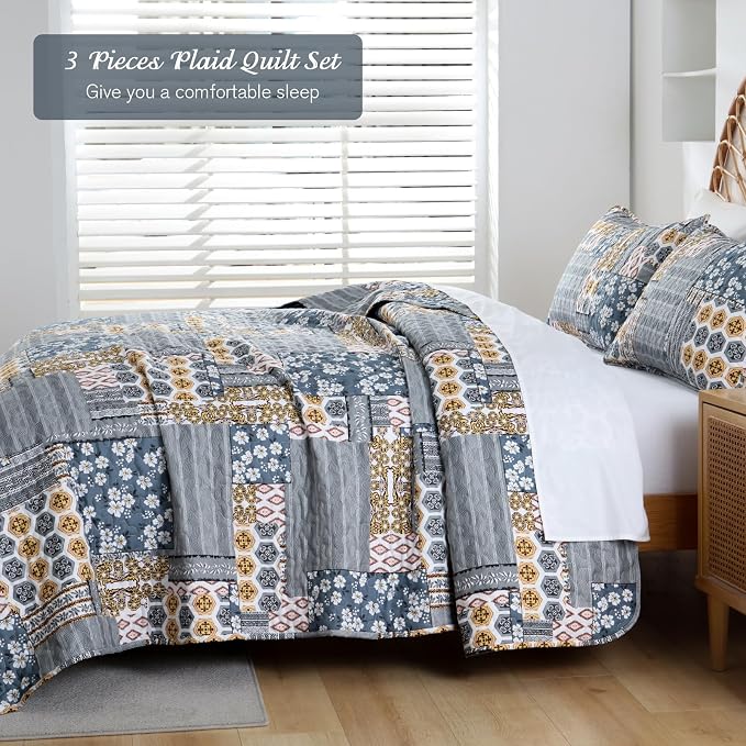 Mybedsoul Dark Grey Quilt Set King Size, 3 Pieces Plaid Floral Bedspread Set - Image 3
