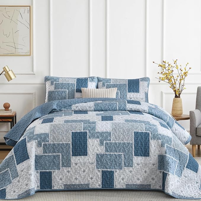 Xruibed Blue Boho Quilt Set Queen Size, 3 Pieces Plaid Floral Bedspread by Xruibed