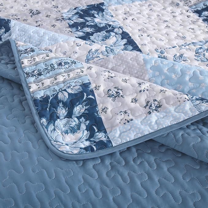 Anibedding Blue Patchwork Quilt Set Queen Size Boho Floral Plaid Bedspread - Image 5