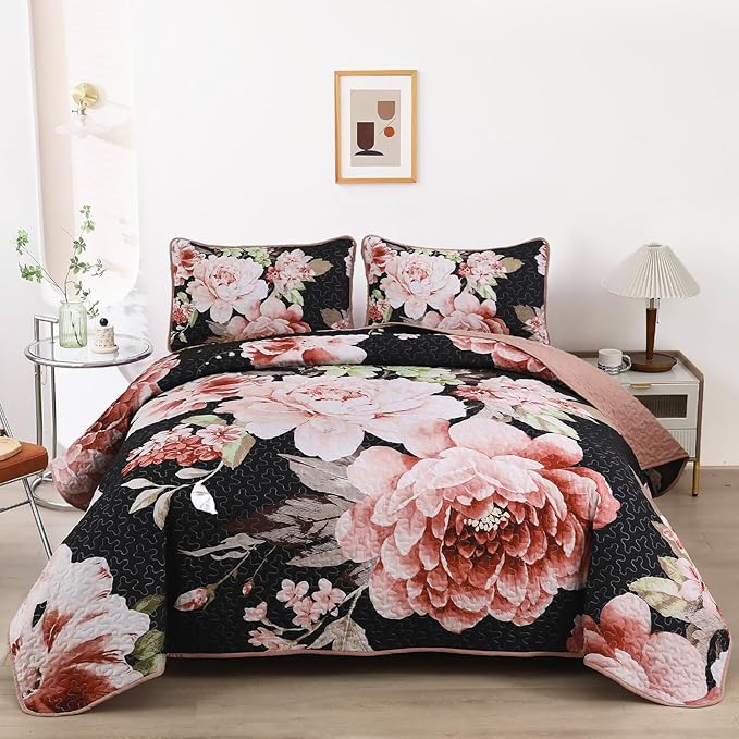 WONGS BEDDING Black Quilt Set Queen, 3 Pieces Pink Floral Bedspreads by WONGSBEDDING