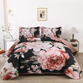 WONGS BEDDING Black Quilt Set Queen, 3 Pieces Pink Floral Bedspreads by WONGSBEDDING