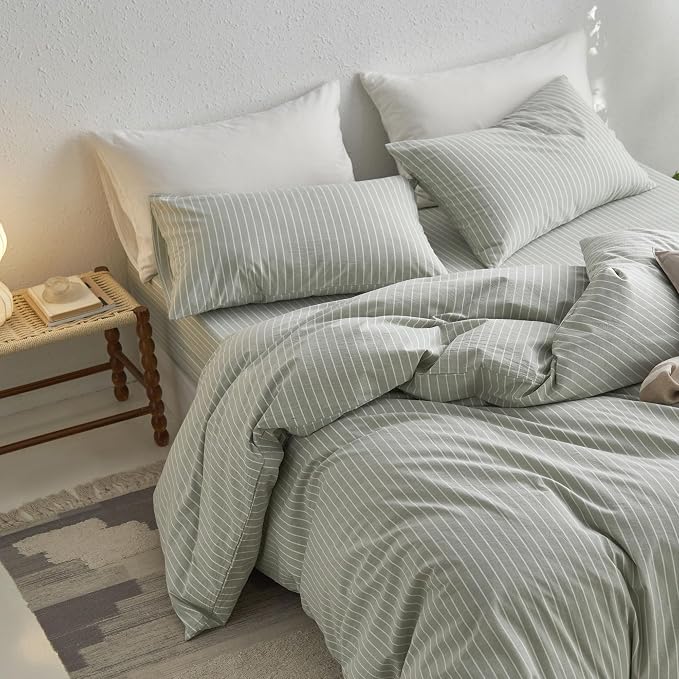 MooMee Striped Duvet Cover Set 100% Washed Cotton Linen Like Textured - Image 4