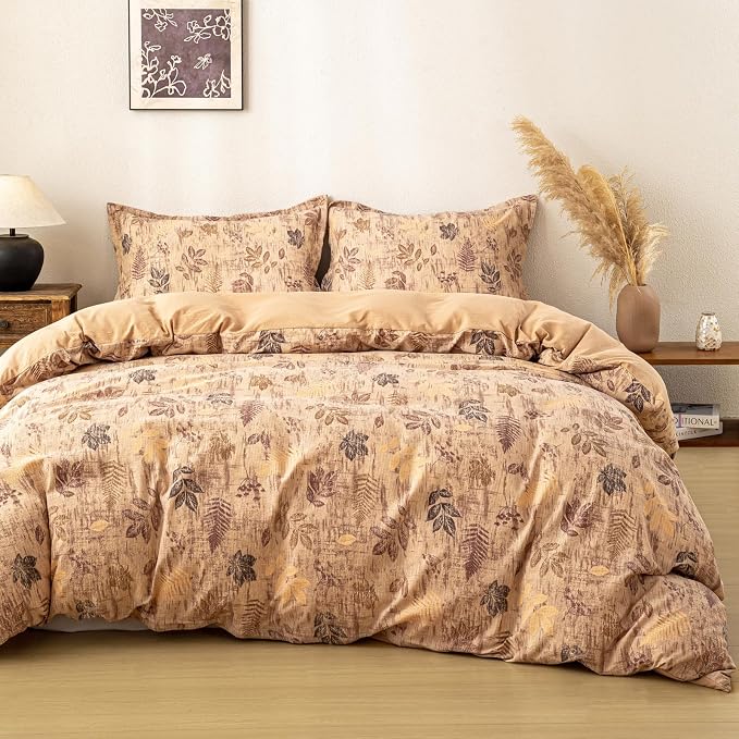 OAITE Brown Leaves Queen Size Duvet Cover-3 Pieces Prewashed Cotton-Like by OAITE