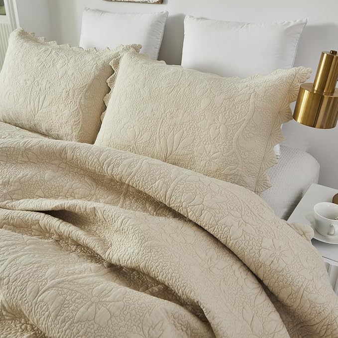 Brandream Queen Size Quilt Set Cotton Beige Quilts Luxury Farmhouse Bedding Set - Image 9