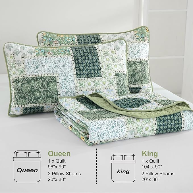Xruibed Patchwork Quilt Set Queen Size 3 Pieces Green Floral Plaid Bedspread - Image 7