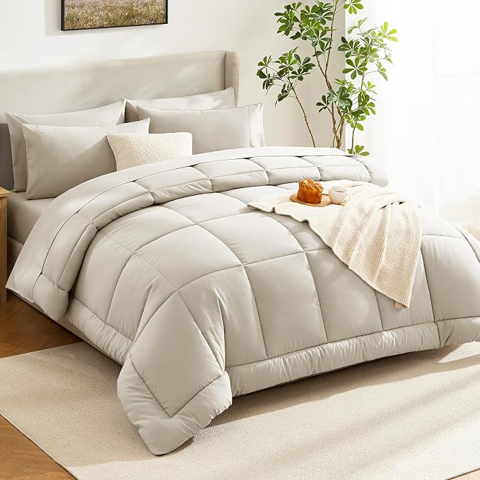 CozyLux California King Comforter Sets Oatmeal, 7 Pieces Cal King Bed in a Bag - Image 8