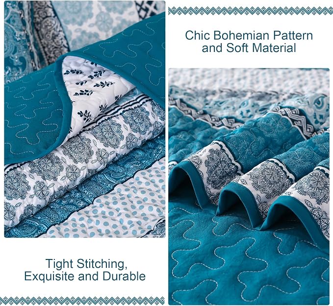 WONGS BEDDING Boho Quilt Set King Size, Teal Blue Bohemian 3 Pieces Quilt Sets - Image 6
