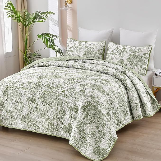 WONGS BEDDING Botanical Quilt Set Twin Size, Sage Green 3 Pieces Toile Floral - Image 2