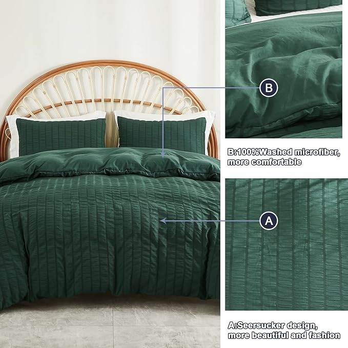 AveLom Dark Green Seersucker Duvet Cover Set Queen Size, 3 Pieces, Ultra Soft - Image 7