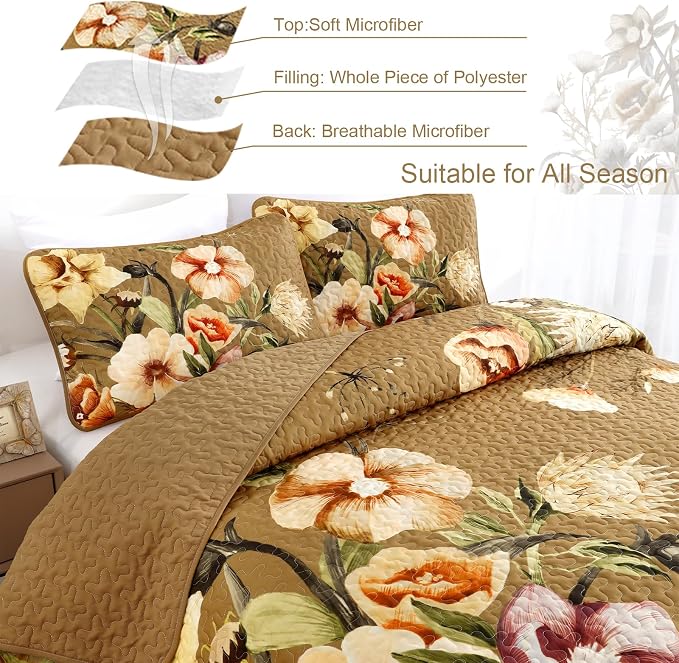 Drucon Brown Floral Quilt Set Queen Size 3 Pieces Brown Botanical Flower Quilt - Image 4