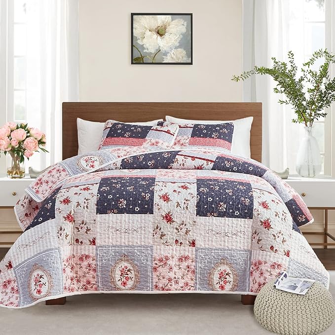Patchwork Quilt Set King Size, 3 Pieces Pink Purple Floral Plaid Summer by Flysheep