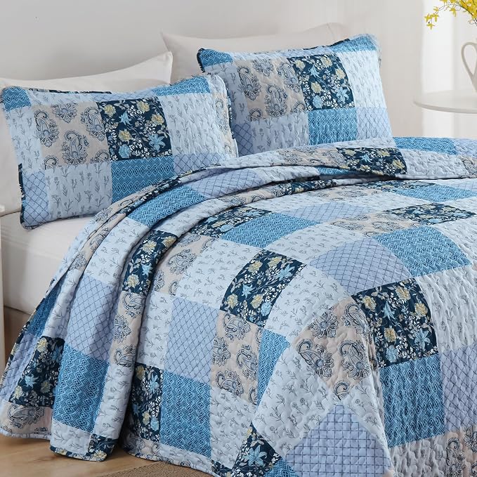 Xruibed Blue Quilt Set Queen Size 3 Pieces Plaid Floral Boho Bedspread Coverlet - Image 5