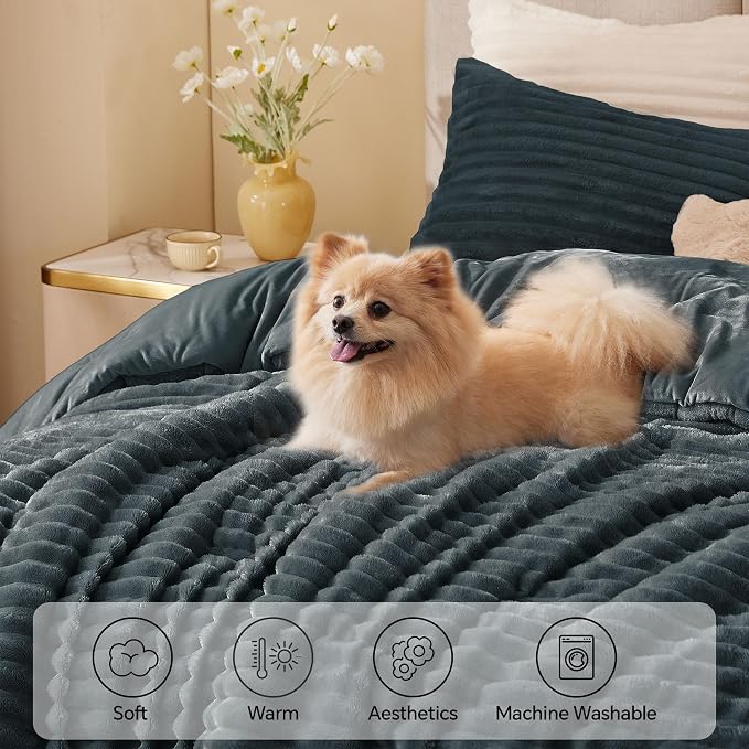 BEDELITE Fleece Queen Comforter Set -Super Soft & Warm Fluffy Dark Grey Bedding - Image 3