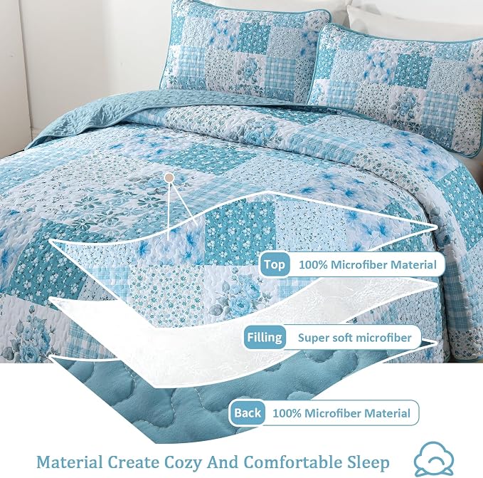 Mybedsoul Blue Patchwork Queen Size Quilt, Soft Boho Floral Spring Bedspreads - Image 3