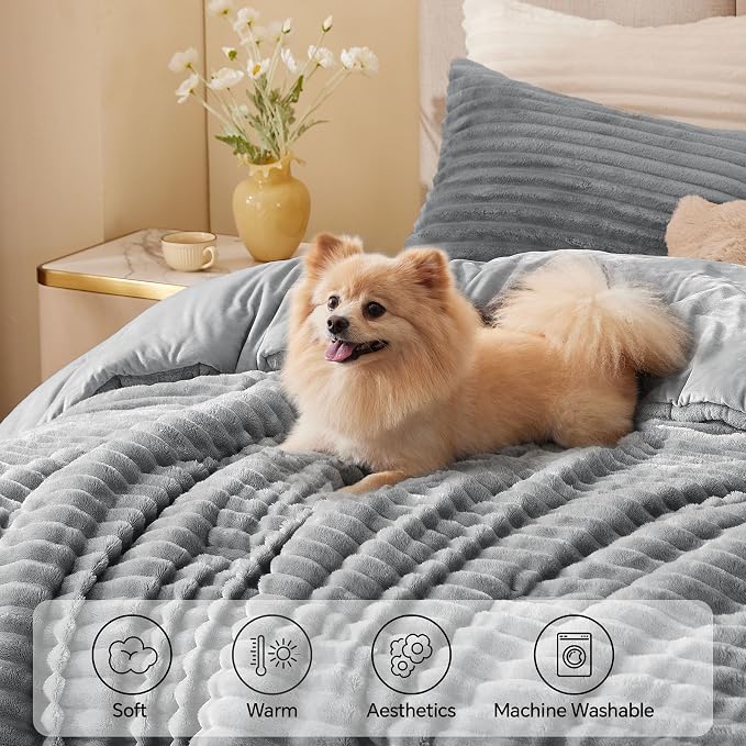 BEDELITE Fleece Queen Comforter Set -Super Soft & Warm Fluffy Light Grey Bedding - Image 3