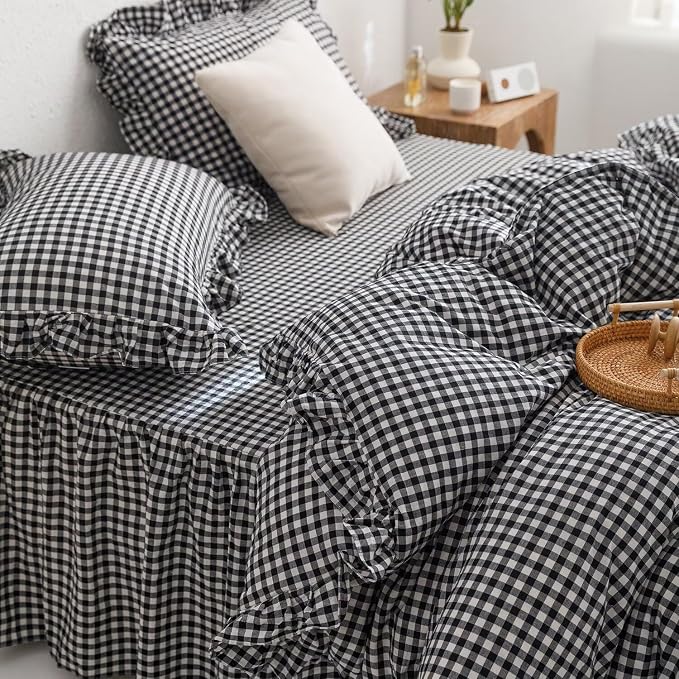 MKXI Black and White Gingham Duvet Cover Queen, 3-Piece Ruffled Bedding Set - Image 2