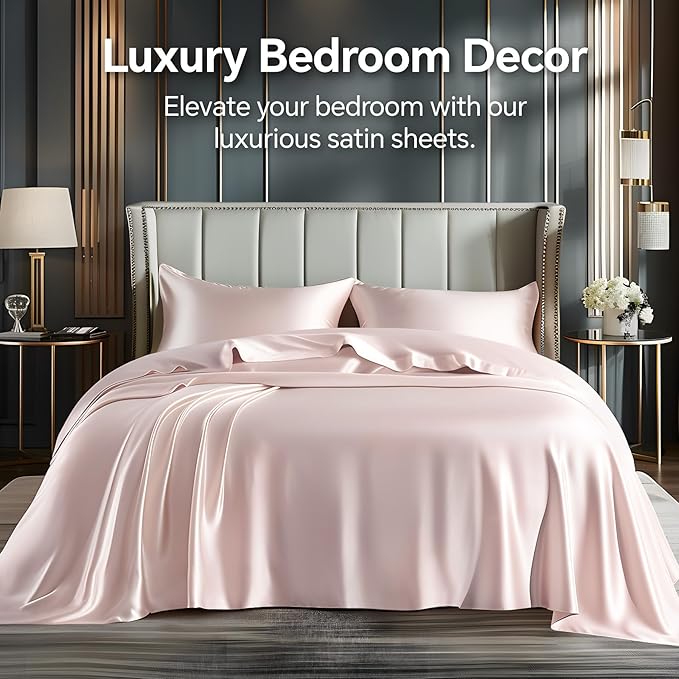 BEDELITE California King Sheets Set, Luxury Soft Pink Satin Sheets - Image 2