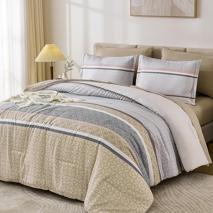 WONGS BEDDING Beige Comforter Set Queen Size, 7 Pieces Striped Bed in a Bag - Image 3
