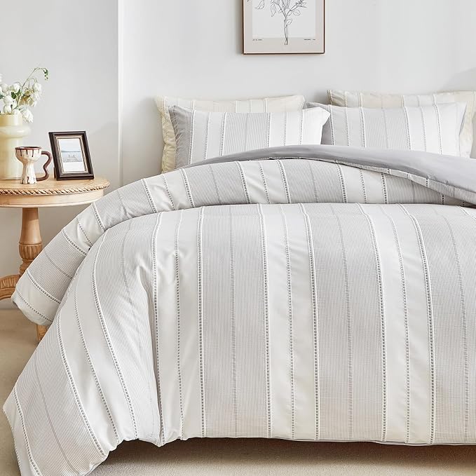 WARMDERN Light Grey Striped Weave Duvet Cover King Size, Microfiber Textured by WARMDERN