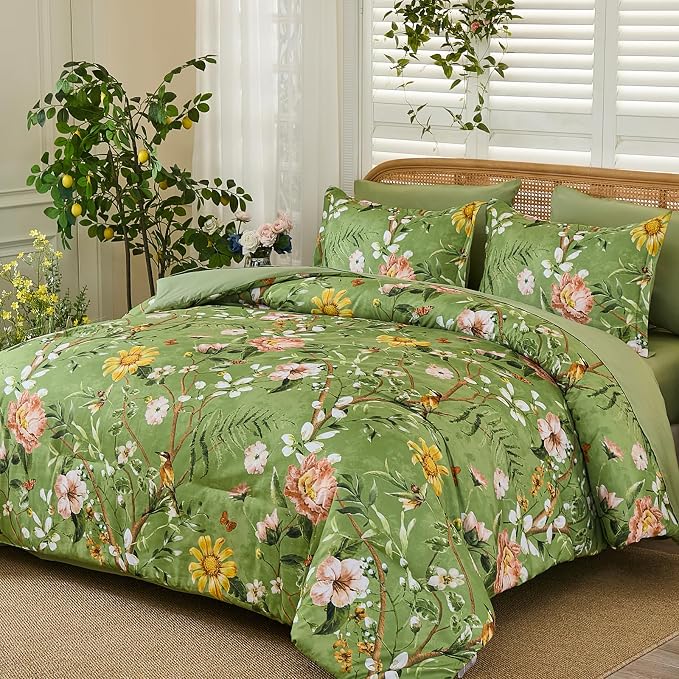 Yiran Sage Green Hibiscus Floral Comforter Set Queen Size, 7 Piece Bird Flowers - Image 2