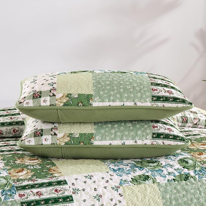 Anibedding Patchwork Quilt Set Queen Size Sage Green Floral Bedspread Coverlet - Image 9