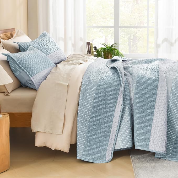 Litanika Quilt King Size Spa Blue, Stripe Patchwork Summer Bedspread Coverlet 3 - Image 2