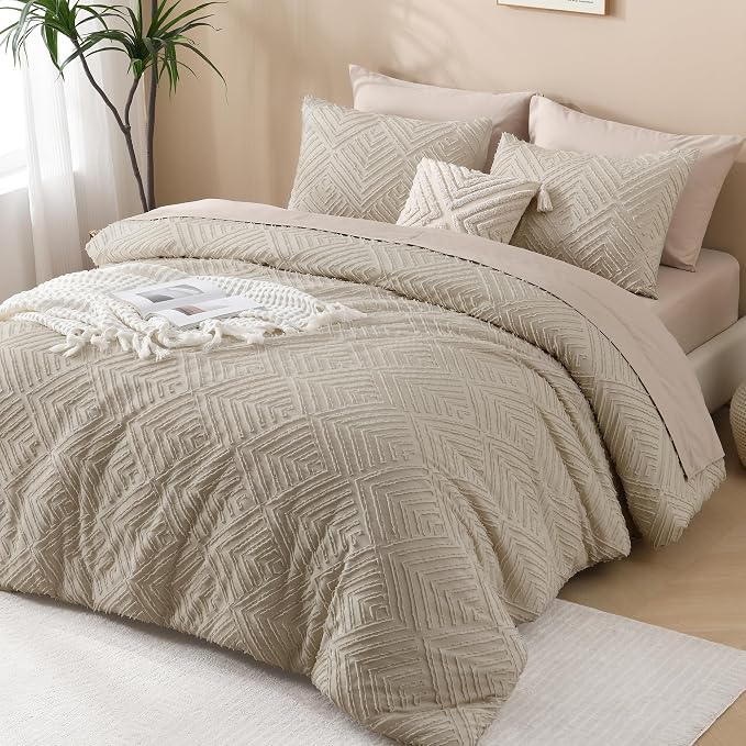 Andency Oatmeal King Size Comforter Set, 3 Pieces Boho Bedding Set & Collections - Image 6