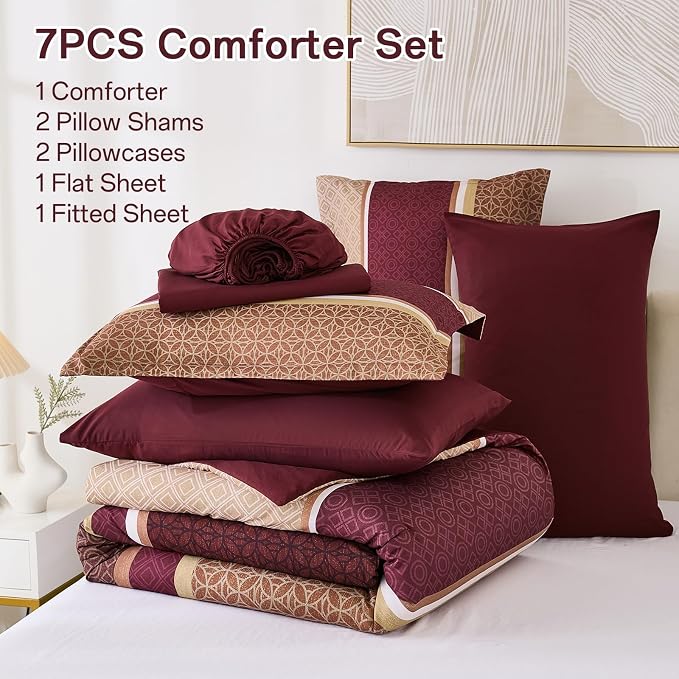 WONGS BEDDING Burgundy Comforter Set King Size, 7 Pieces Maroon Striped Bed in - Image 7