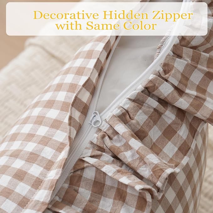 2 Pack Taupe/Brown Plaid Ruffle Throw Pillow Covers Farmhouse Checkered Chic - Image 4