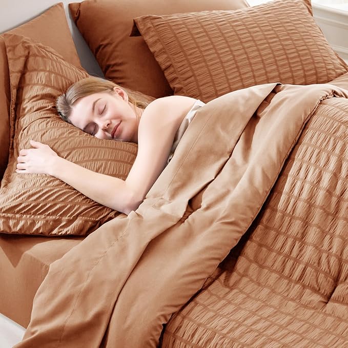 CozyLux Queen Comforter Set Pumpkin Seersucker 7 Pieces Bed in a Bag Queen - Image 5
