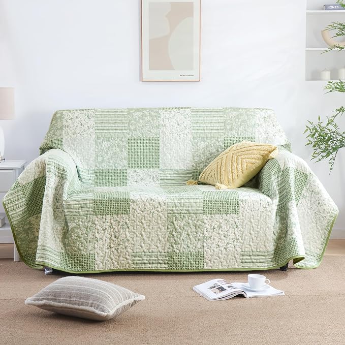 Mybedsoul Light Green Quilt Set King Size, 3 Pieces Plaid Floral Bedspread Set - Image 4