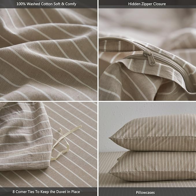 MooMee Striped Duvet Cover Set 100% Washed Cotton Linen Like Textured - Image 5