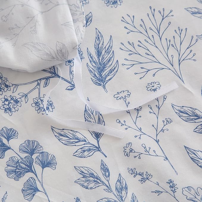 mixinni Small Floral Print Duvet Cover Queen Blue Flower Leaf Duvet Cover Set - Image 6