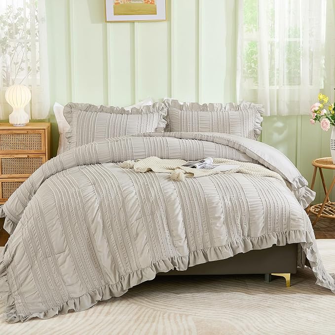 WONGS BEDDING Grey Textured Comforter Set Queen, 3 Pieces Ruffle Farmhouse by WONGSBEDDING