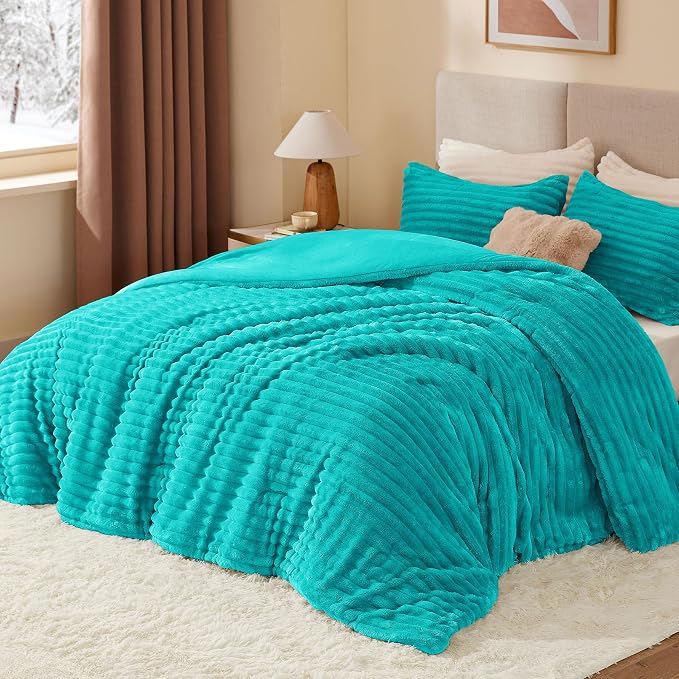 BEDELITE Fleece Queen Comforter Set -Super Soft & Warm Fluffy Teal Bedding - Image 2