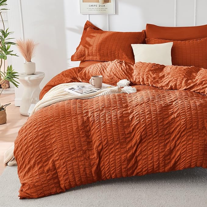 HYMOKEGE Burnt Orange Duvet Cover King Size, Ultra Soft 3-Piece Seersucker by HYMOKEGE