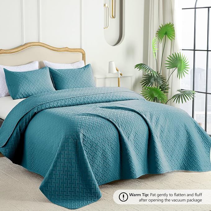 FLYMME Quilts Queen Size, Lightweight Teal Bedspreads, Basket Weave Pattern - Image 2