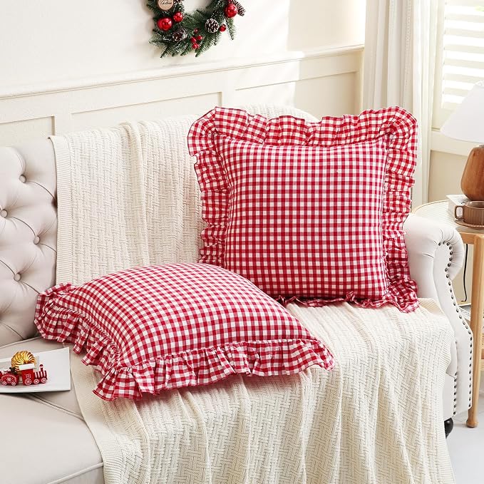 2 Pack Red/White Plaid Ruffled Throw Pillow Sham 20 x20 inches, Washed Cotton - Image 2