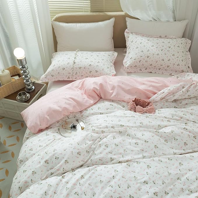 mixinni White Pink Floral Duvet Cover Queen Size Girls Garden Style 100% Cotton by mixinni