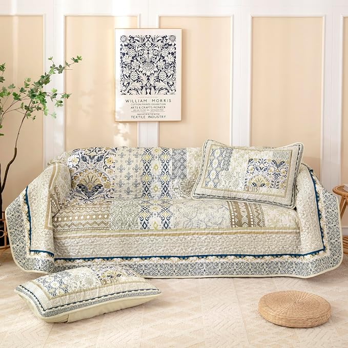 WONGS BEDDING Boho Quilt Set Queen, 3 Pieces Beige Patchwork Bedspread Coverlet - Image 8