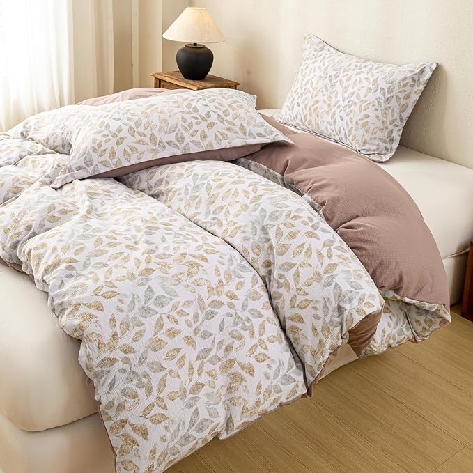 OAITE Brown Leaves Queen Size Duvet Cover-3 Pieces Prewashed Cotton-Like - Image 5