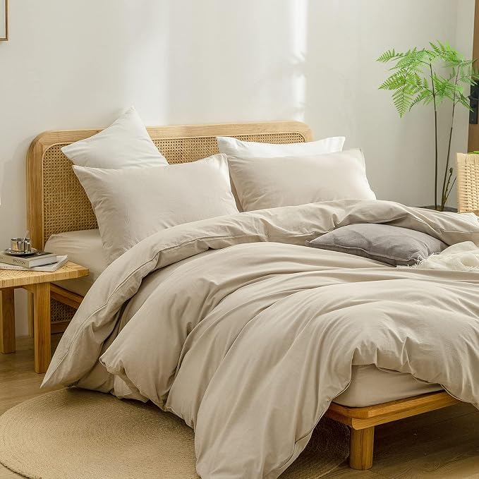BESTOUCH Duvet Cover Set 100% Washed Cotton Linen Feel Super Soft Comfortable - Image 5
