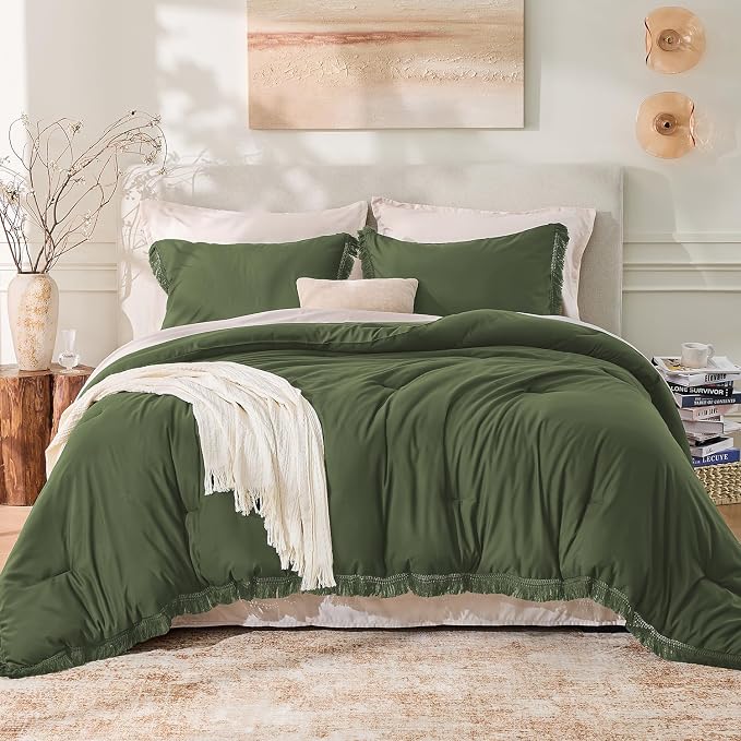 Andency Olive Green Comforter Set Full Size, 3 Pieces Boho Tassel Lightweight - Image 2