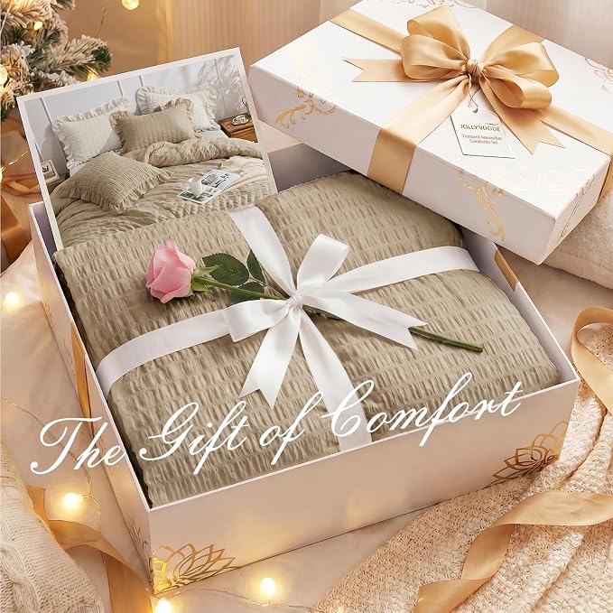 JOLLYVOGUE Queen Comforter Set, 3 Pieces Khaki Seersucker Comforters Queen Size - Image 9