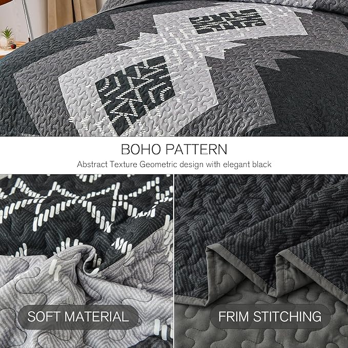 Dintszyayue Black Quilt Set Boho King Size, 3 Piece Aztec Texture Bedspread - Image 4