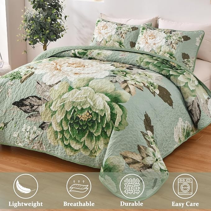 WONGS BEDDING Sage Green Floral Quilt Set King, 3 Pieces Elegant Flower - Image 3