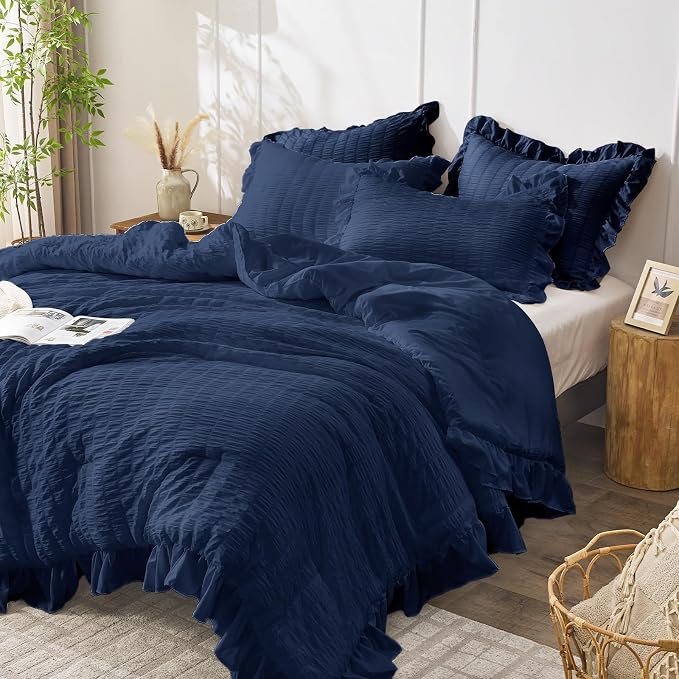 JOLLYVOGUE Navy Blue Twin Size Comforter Set, 2 Pieces Seersucker Lightweight - Image 2