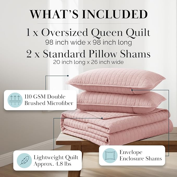 Southshore Fine Living, Inc. Stitched Pink Queen Quilt Bedding Set, Oversized - Image 2