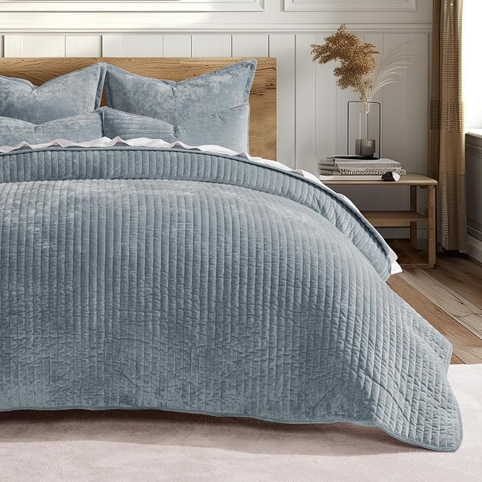EVERGRACE Velvet Quilt Set Queen Size, Luxurious Soft Striped Channel Bedding - Image 8